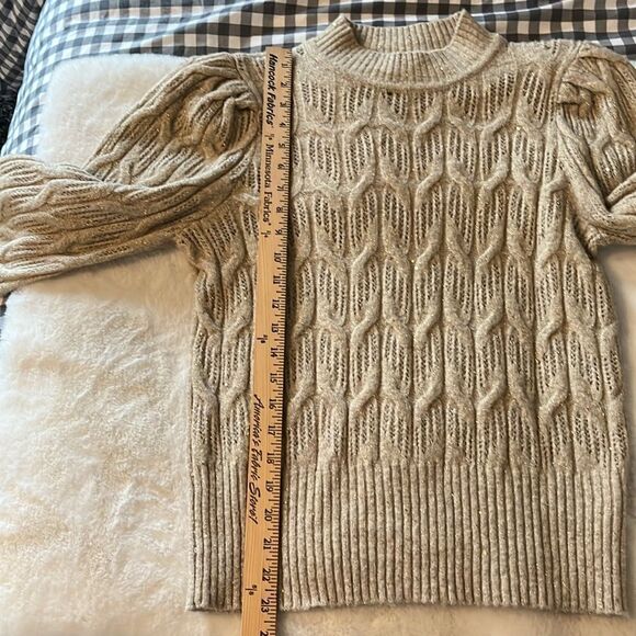 NWOT Express Metallic Sweater Puff Sleeve Gold threading Open Stitch Size Small - Picture 13 of 16